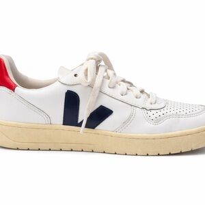 Veja White Leather Sneaker with Navy V and Red Heel Tab
